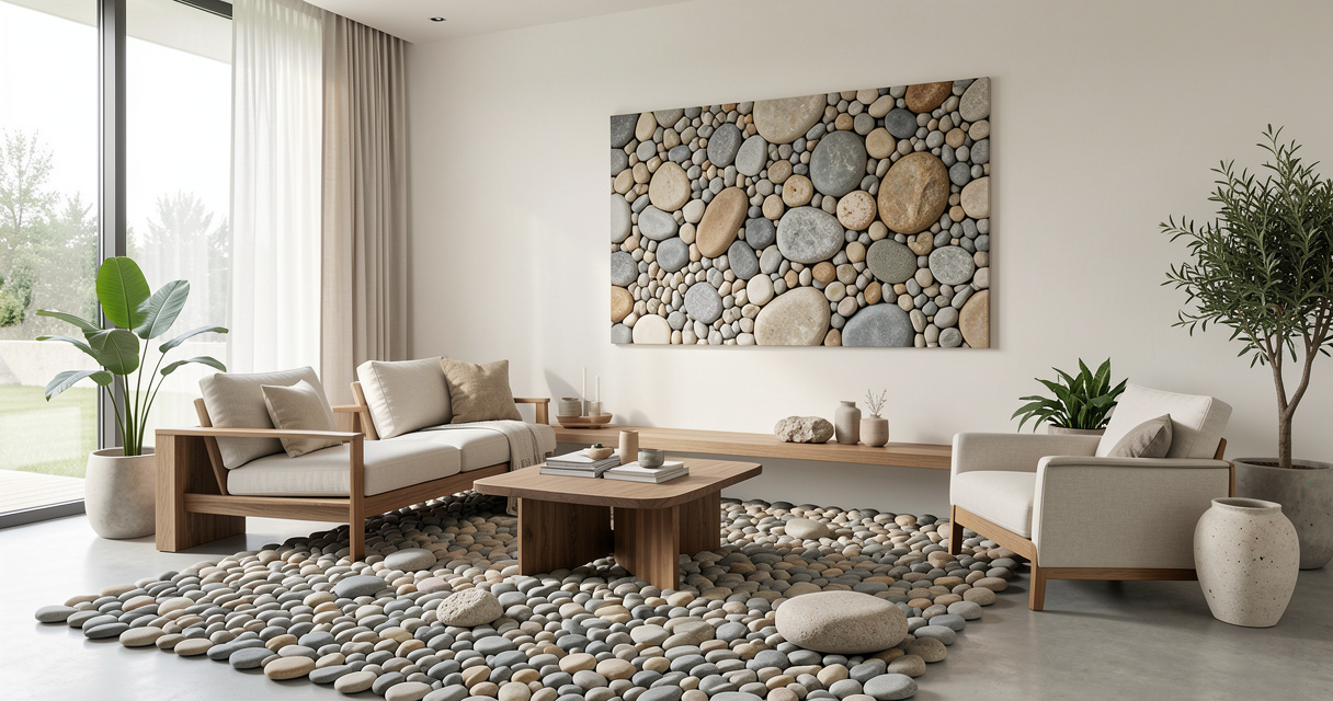 Décoration intérieure zen avec des galets de plage et objets DIY