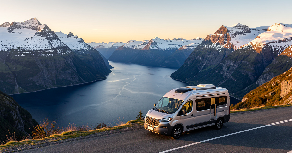 Van aménagé sur une route panoramique face à un fjord en Norvège