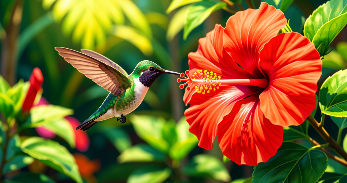 Colibri butinant une fleur d'hibiscus au jardin de Balata en Martinique.