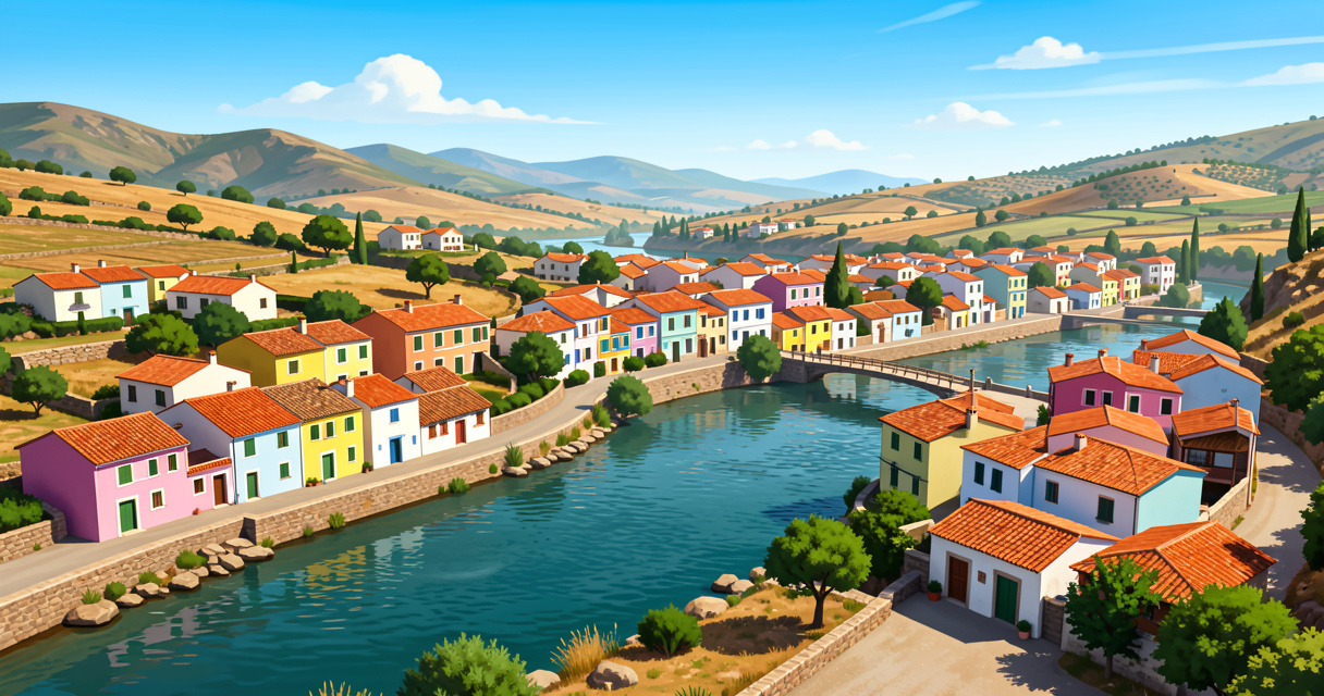 Village coloré de Bosa en Sardaigne vu du ciel avec maisons pastel le long du fleuve