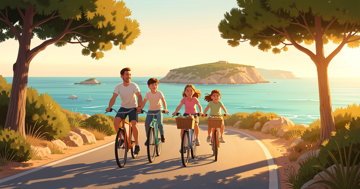 Famille à vélo sur le chemin côtier de l'île des Embiez avec vue sur la mer turquoise