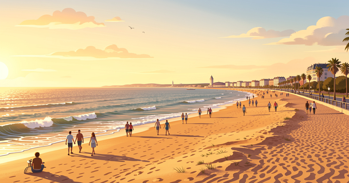 Grande Plage des Sables d'Olonne avec son remblai animé au coucher du soleil