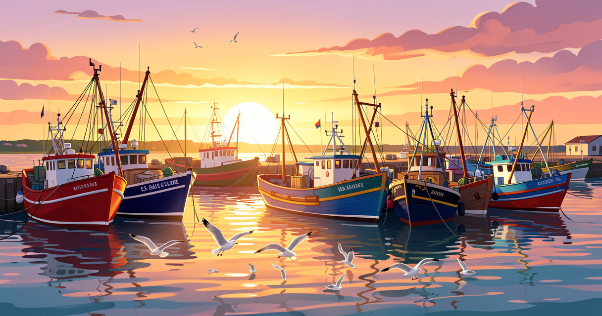 Port de pêche des Sables d'Olonne, bateaux colorés et chalutiers au crépuscule