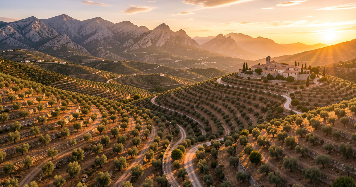 Panorama de la Serra de Tramuntana à Majorque au lever du soleil, collines en terrasses