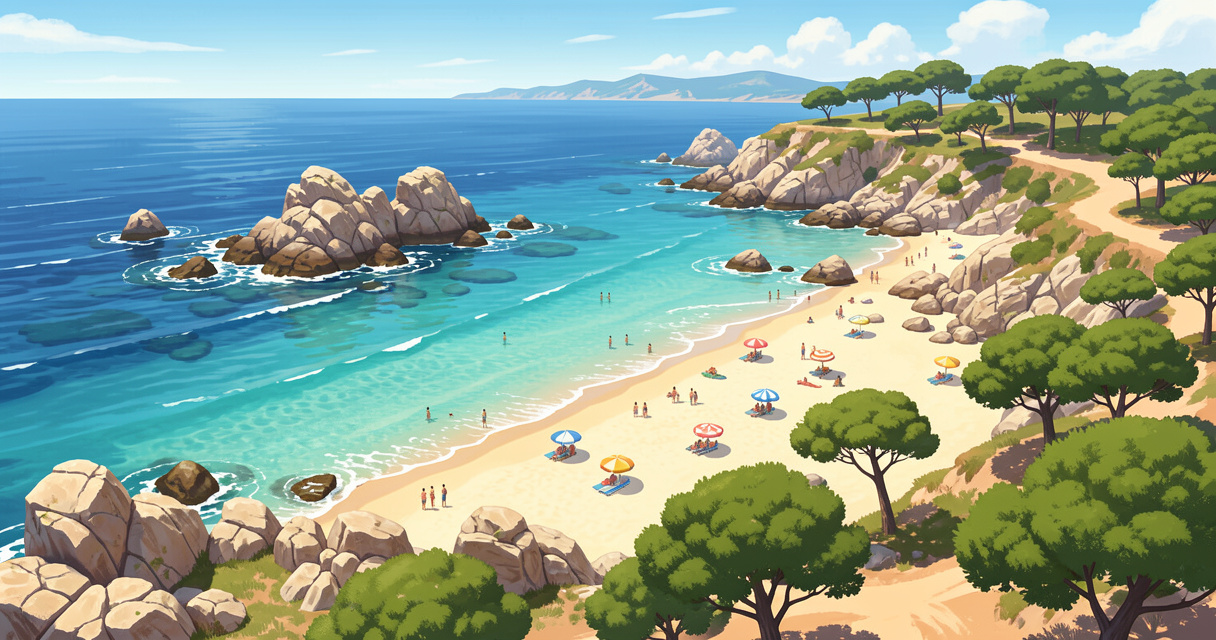 Vue aérienne de la plage des Éclaireurs aux Issambres, petite crique de sable entre rochers.