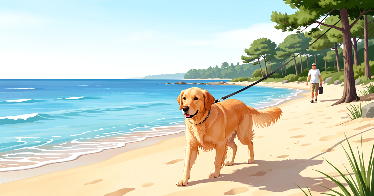 Chien tenu en laisse sur la plage des Éclaireurs à Roquebrune-sur-Argens, cadre paisible.