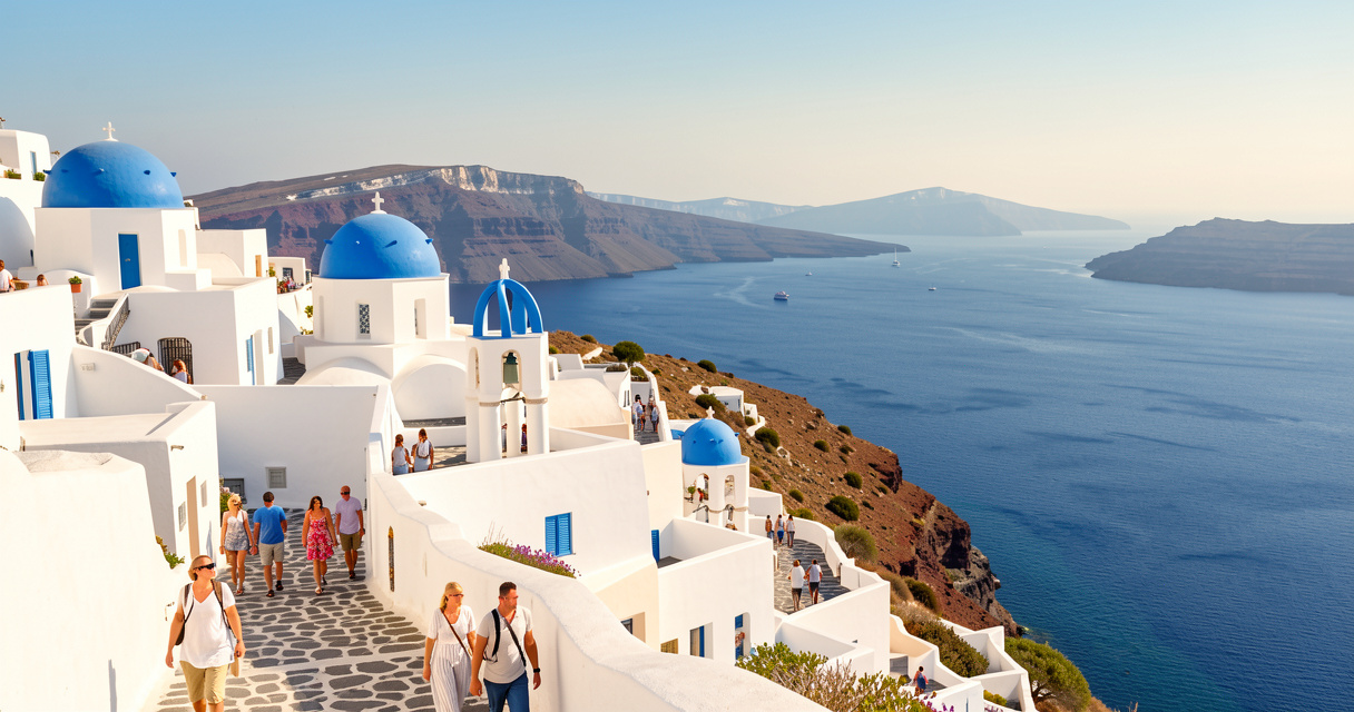 Vue panoramique d'un village blanc de Santorini surplombant la mer Égée, destination idéale pour vos vacances en Grèce