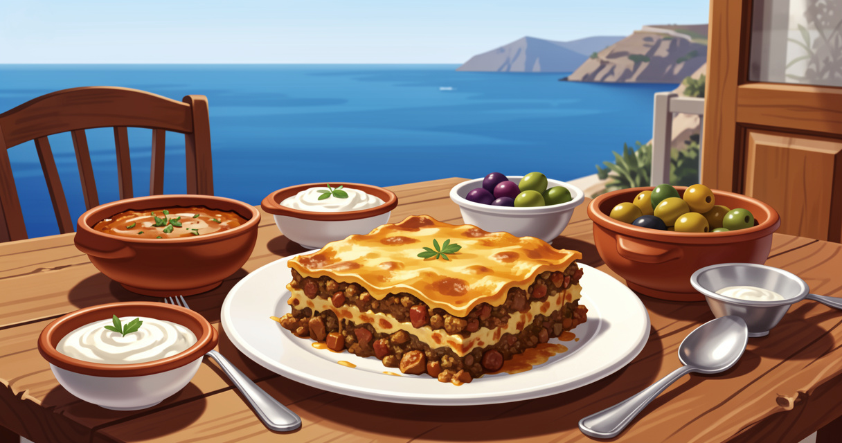 Table de taverna grecque avec moussaka et mezze, découverte de la gastronomie grecque lors de vos vacances