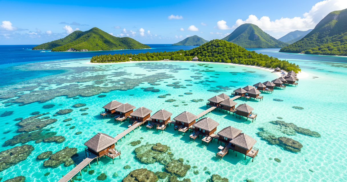 Vue aérienne du lagon de Bora Bora avec bungalows sur pilotis - voyage dans les îles Tahiti