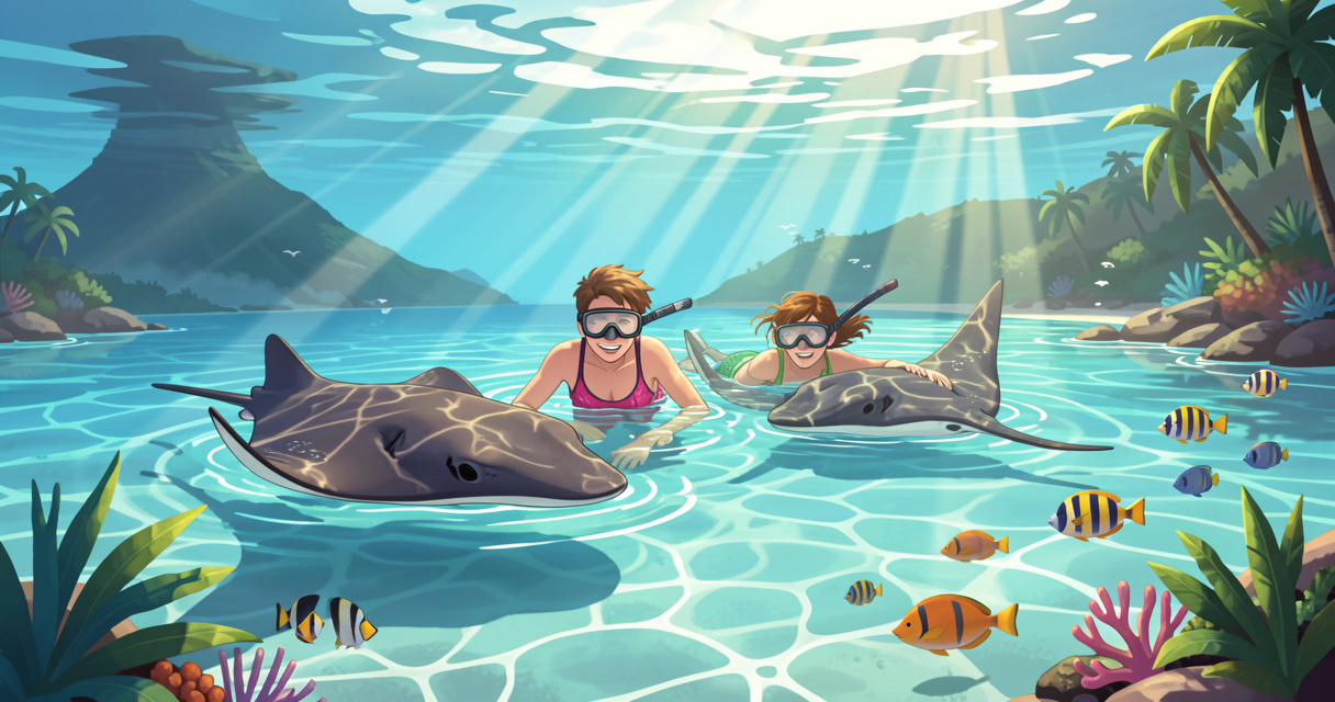 Couple faisant du snorkeling avec des raies mantas à Moorea - excursions Tahiti