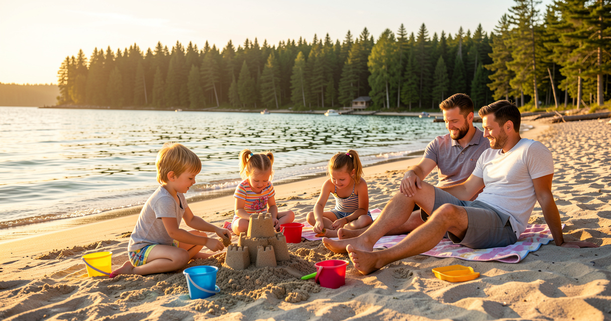 Famille profitant de la plage au Québec avec château de sable et eau claire en arrière-plan