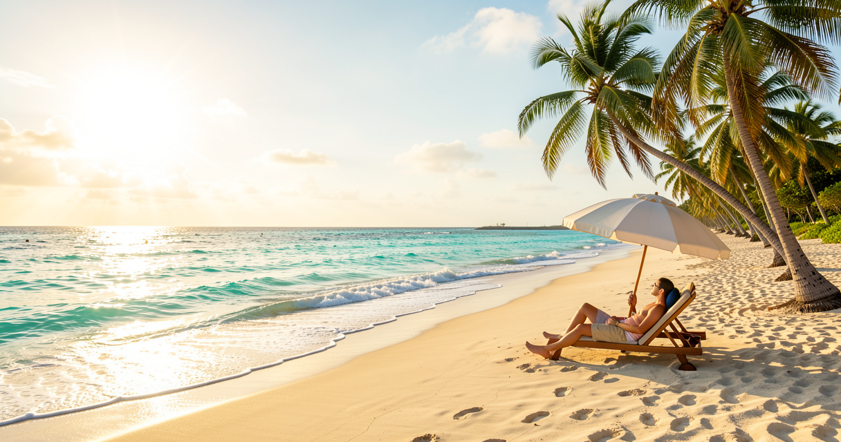 Plage de sable blanc avec eau turquoise et parasol pour vacances plage soleil