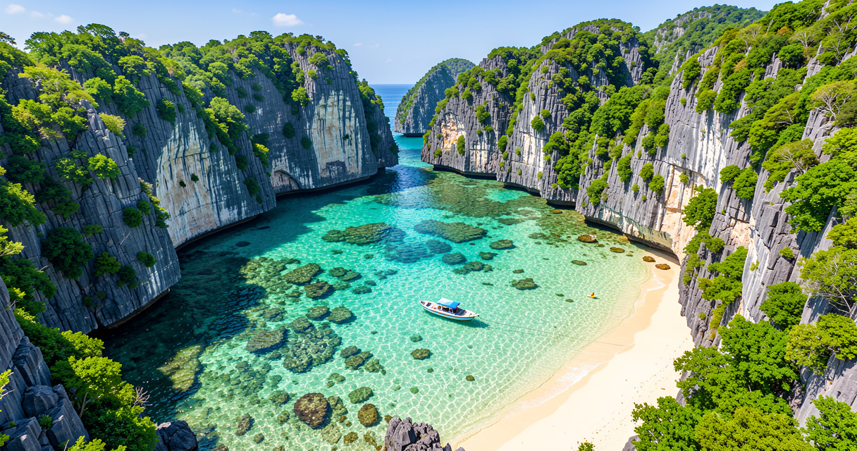 Crique paradisiaque avec bateau et falaises calcaires, destination plage exotique