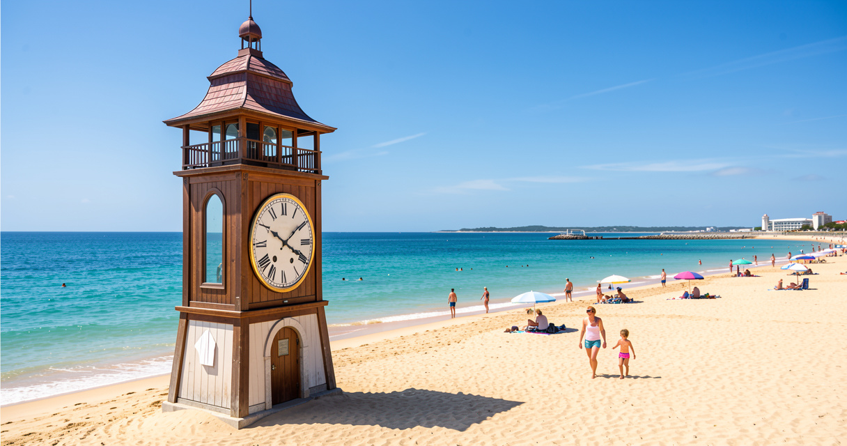 Vue panoramique de la Grande Plage des Sables d'Olonne avec la Pendule et les baigneurs en été