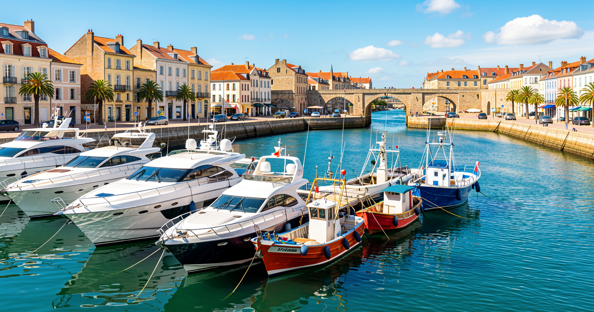 Port Olona aux Sables d'Olonne avec voiliers et bateaux de pêche dans le chenal du Passage