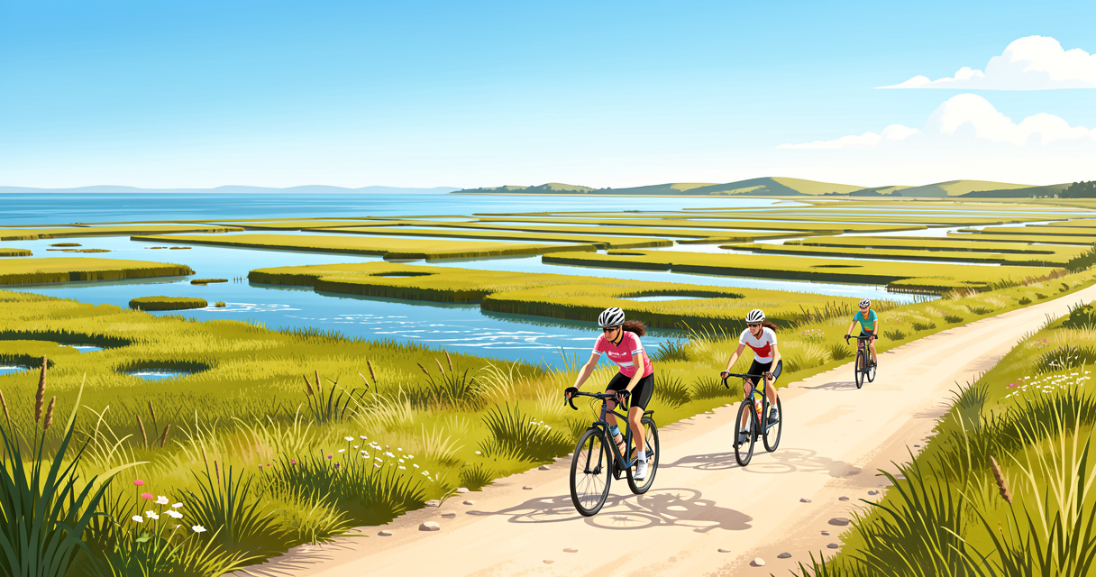 Cyclistes sur une piste cyclable bordée de marais salants sur l'île de Ré