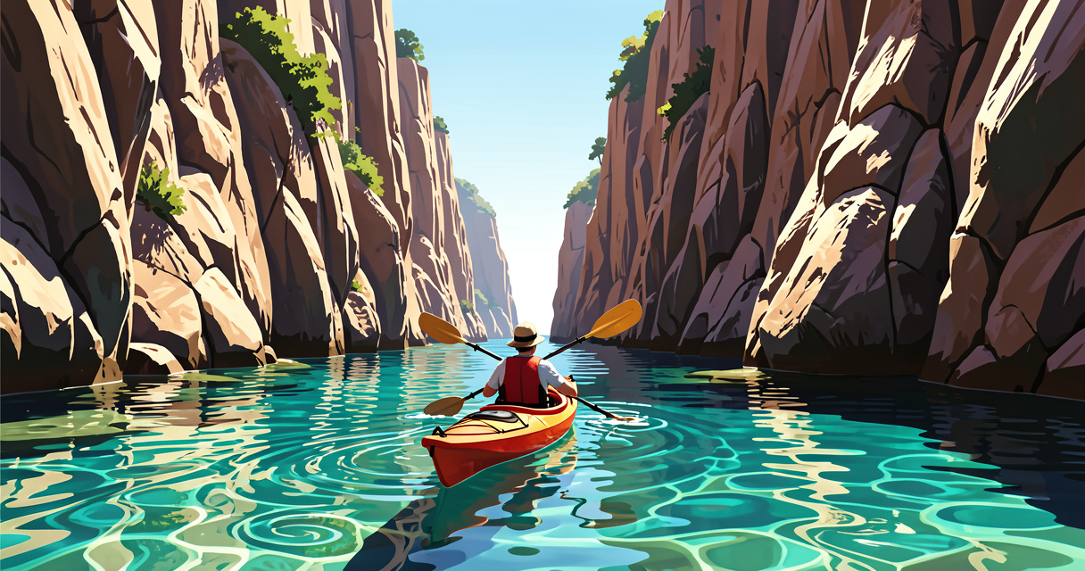 Kayak dans une calanque étroite aux eaux cristallines près de Cassis