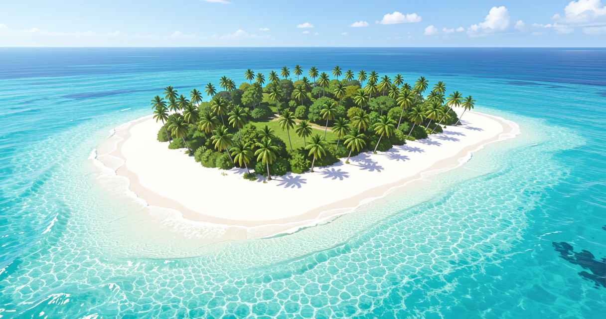 Plage de sable blanc et eau turquoise d'une île paradisiaque vue du ciel
