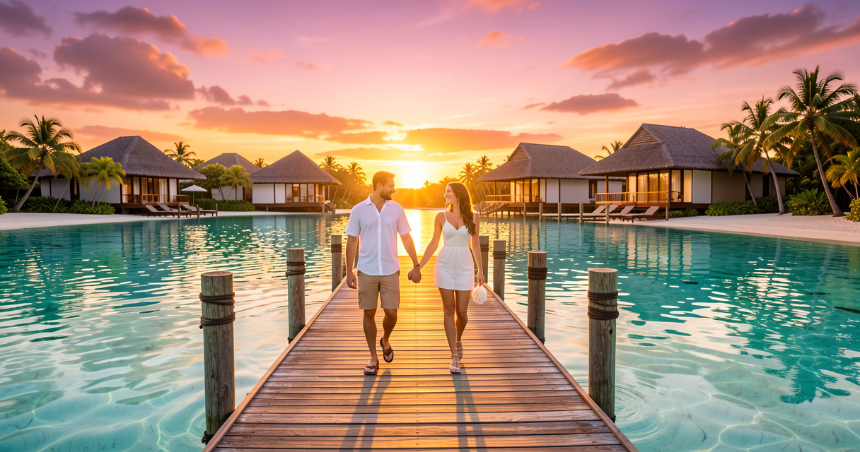 Couple marchant sur une jetée au coucher du soleil dans une île paradisiaque