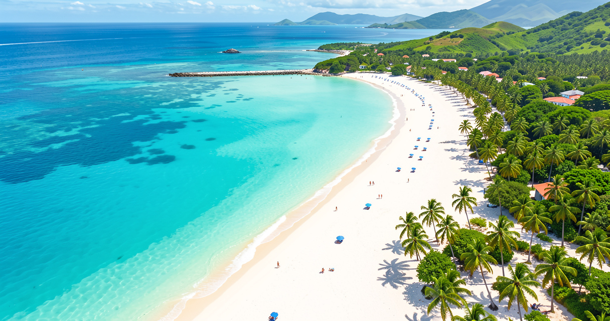 Vue aérienne de la plage des Salines à Sainte-Anne, sable blanc et eau turquoise entourée de cocotiers