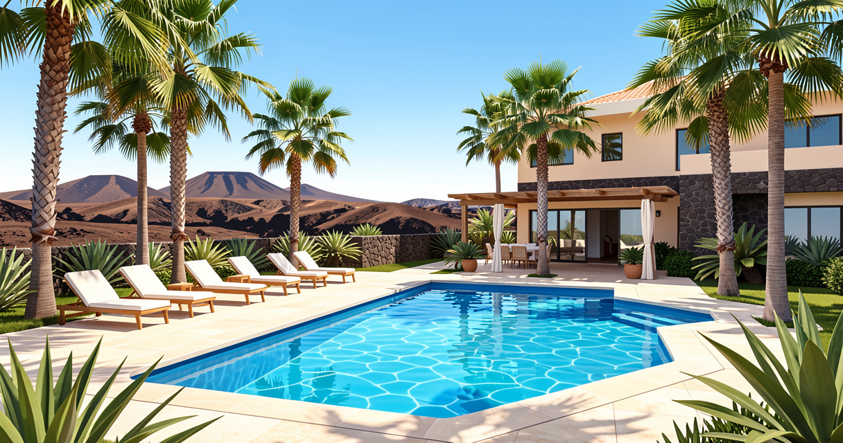 Piscine extérieure de la résidence Caybeach Sun à Lanzarote avec chaises longues et palmiers