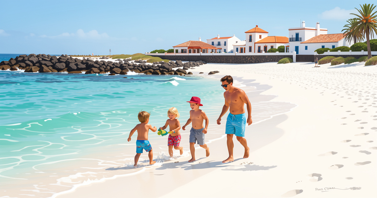 Famille profitant de la plage de Playa Blanca à Lanzarote, eau turquoise et sable blanc
