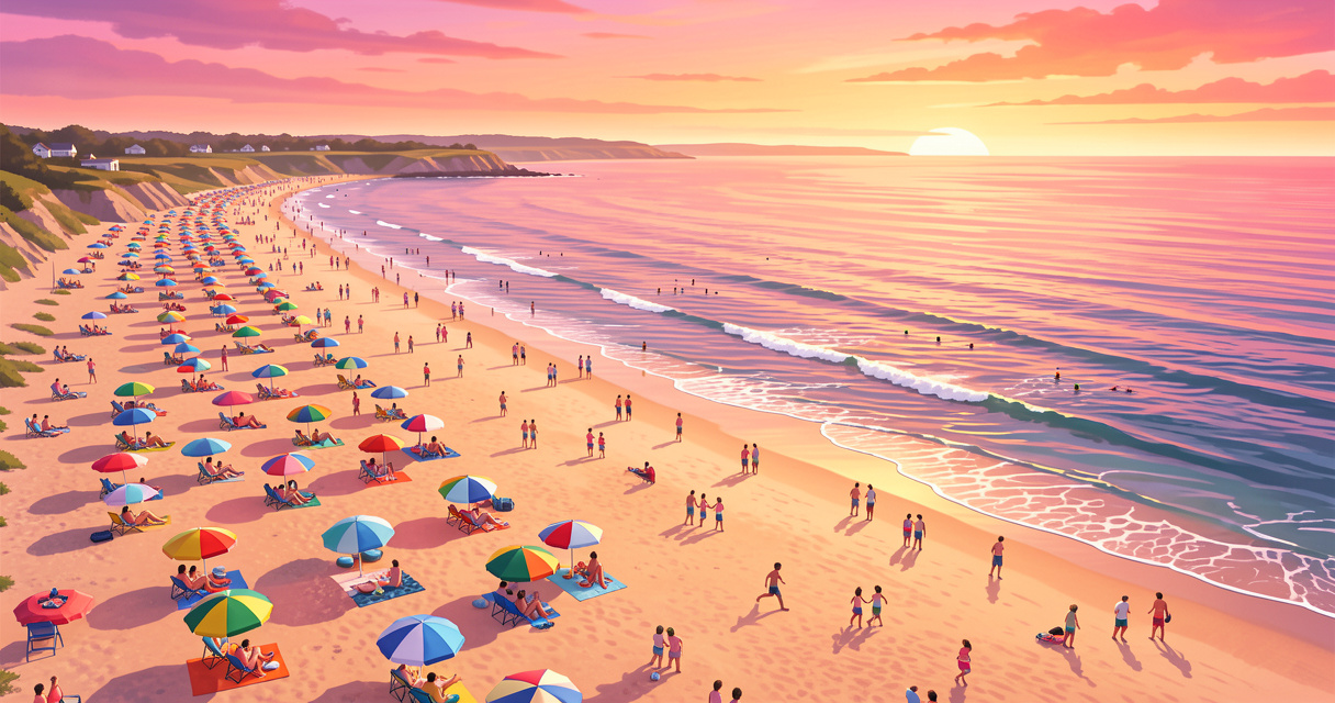 Plage de Châtelaillon avec parasols et familles en fin de journée