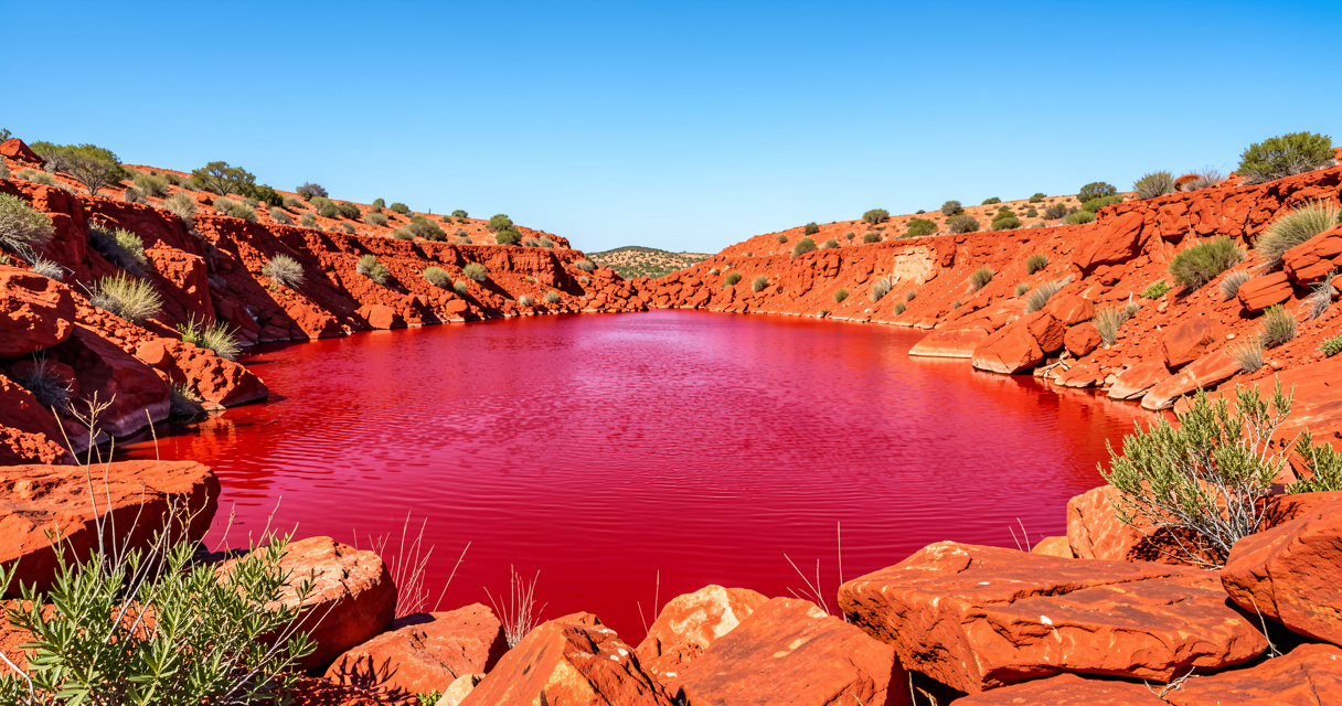 Lac Rouge de la Conche sur l'île d'Elbe, paysage minier aux eaux rouges