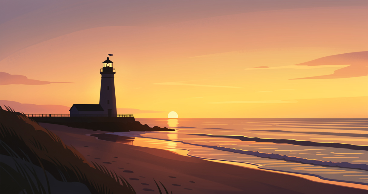 Coucher de soleil sur la plage de Berck avec le phare en arrière-plan, ambiance paisible.