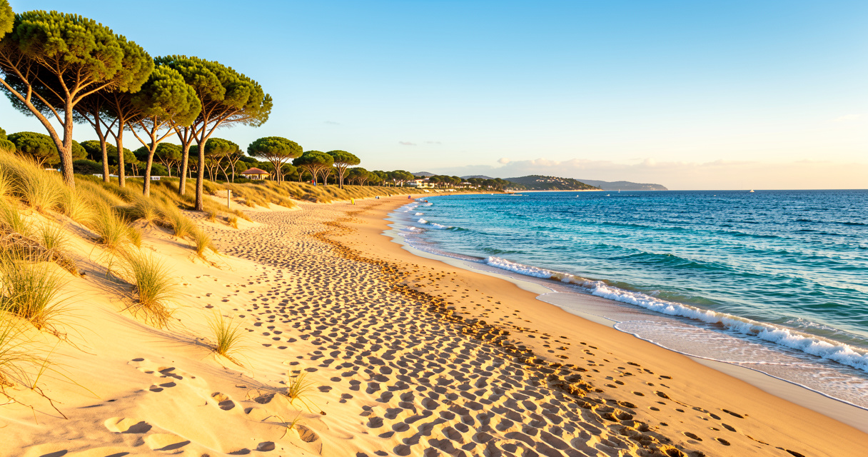 Vue panoramique de la plage de Frontignan avec son sable fin et les pins parasols