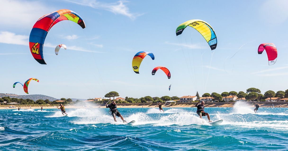 Kitesurfeurs en plein vol sur l étang d Ingril à Frontignan plage