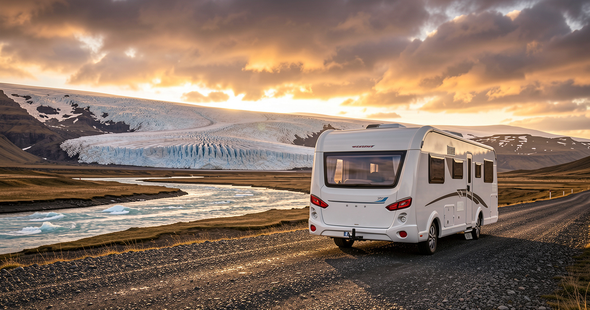 Van aménagé stationné sur une route de gravier face au glacier Vatnajökull en Islande