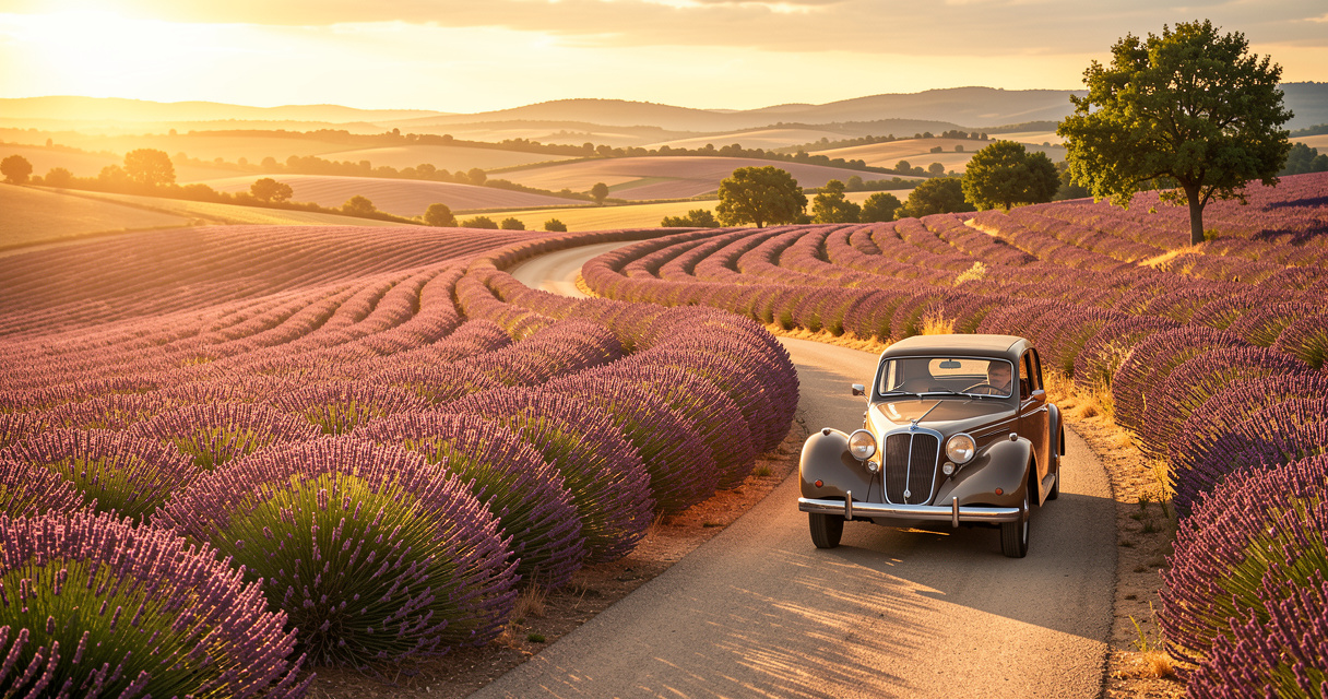 Route sinueuse dans les champs de lavande en Provence pour un road trip en France