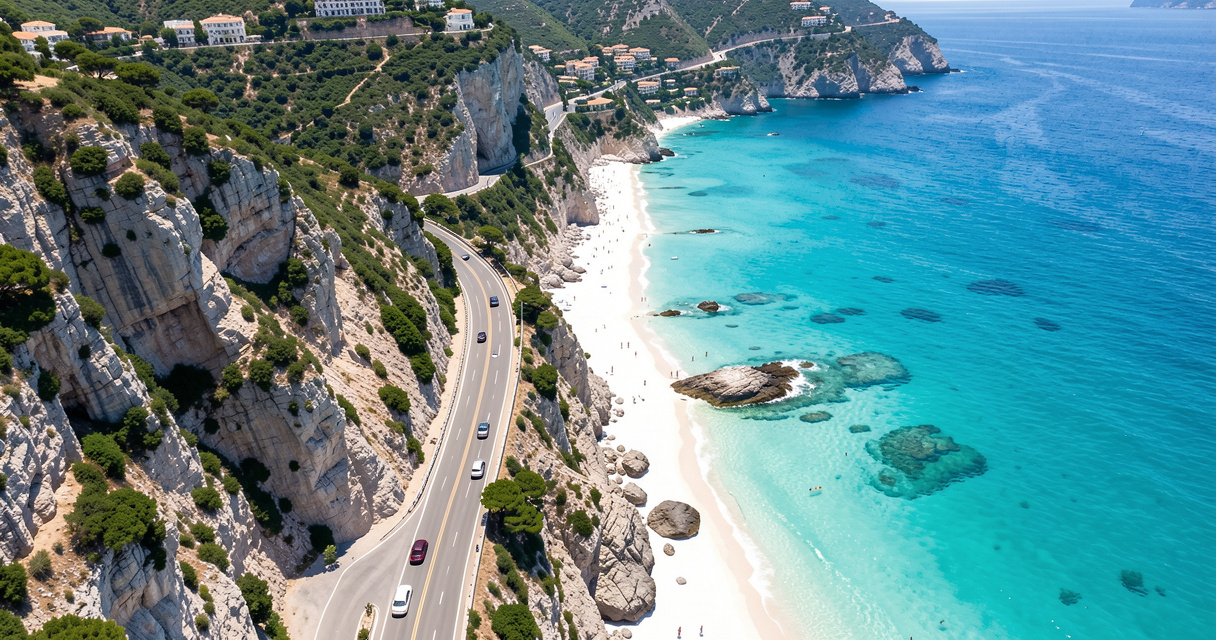 Vue aérienne de la route côtière de la Côte d'Azur pour un road trip France