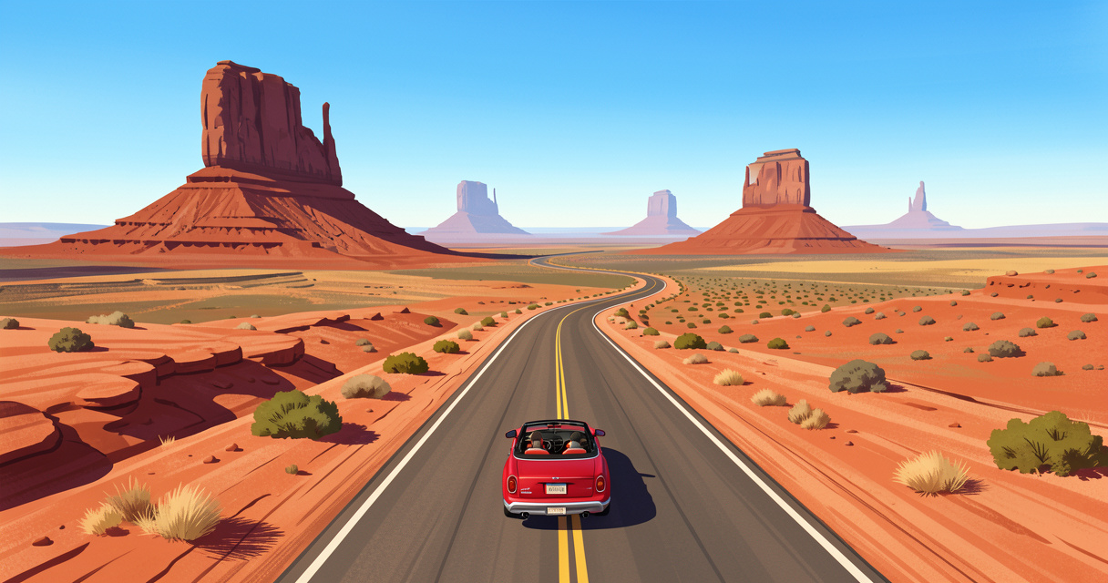 Voiture décapotable sur route sinueuse dans le désert de l'Utah, road trip dans l'Ouest américain