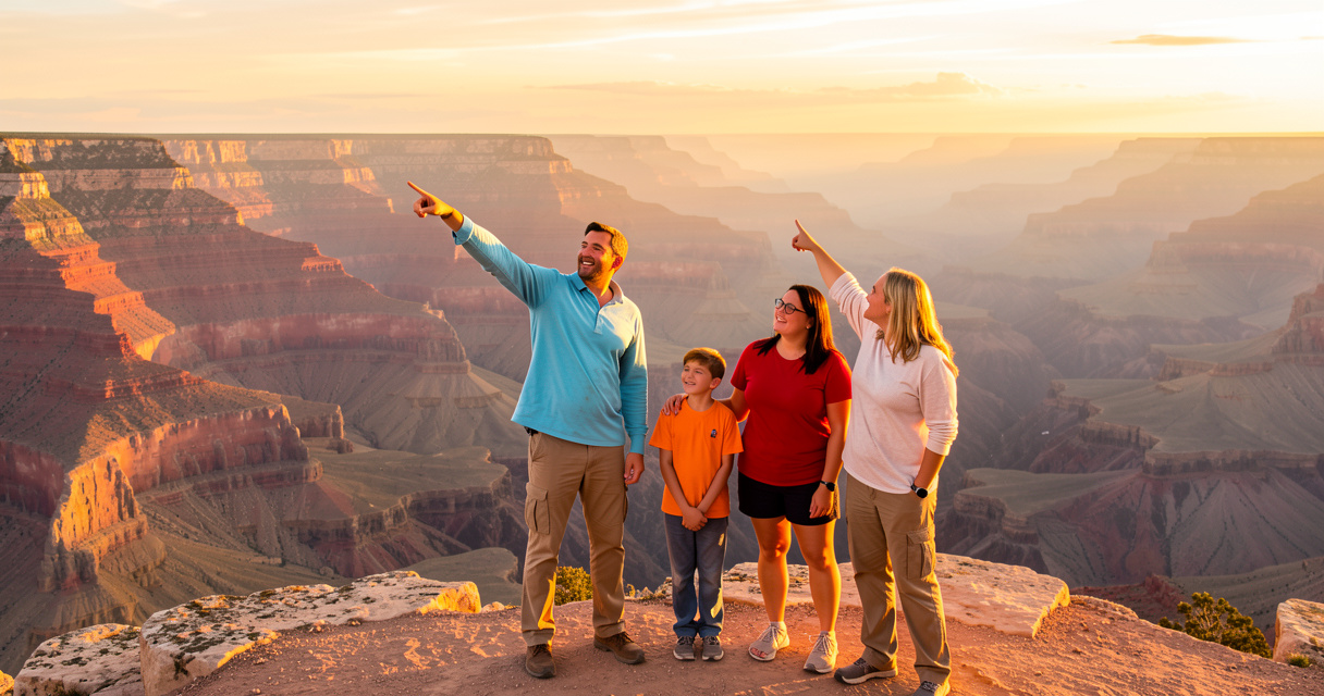 Famille admirant le Grand Canyon lors d'un road trip aux États-Unis, vue panoramique