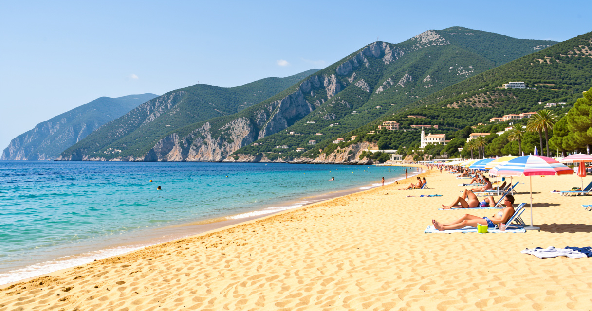 Plage de sable fin de Calvi avec eau turquoise et montagnes verdoyantes en arrière-plan
