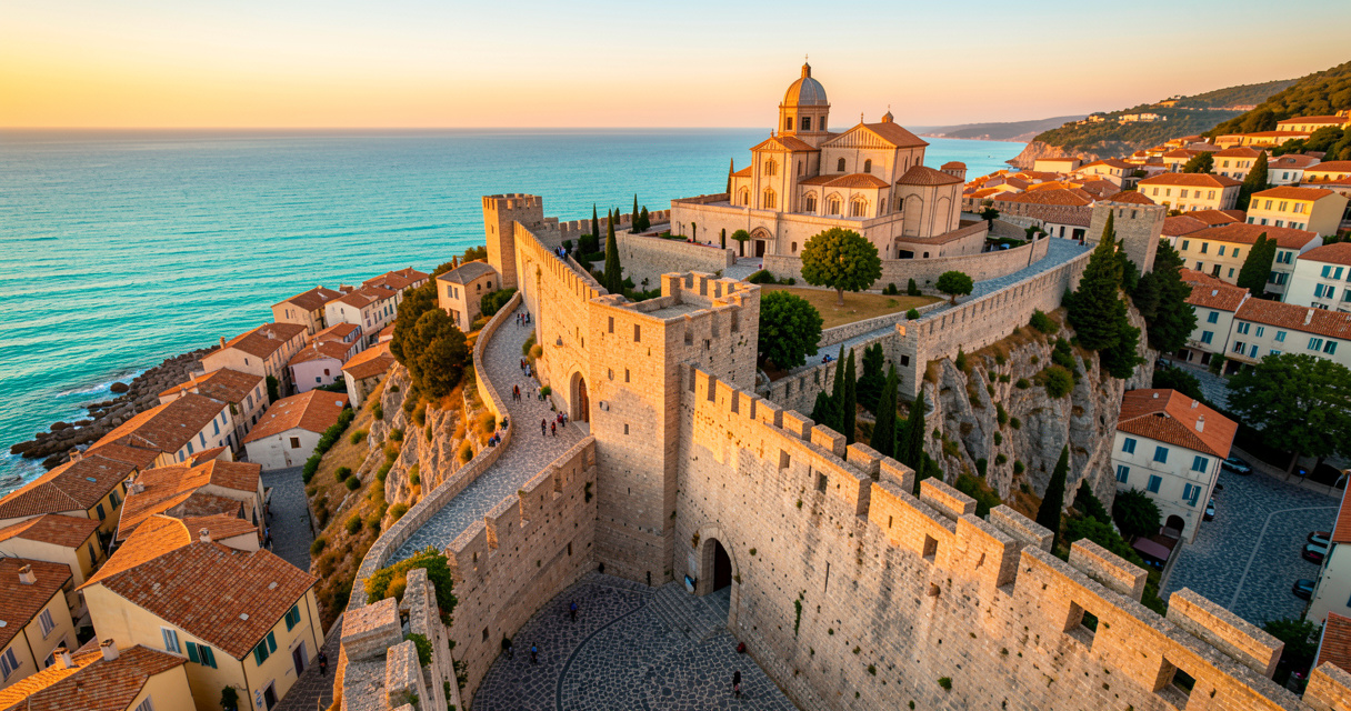 Vue aérienne de Dalt Vila, la vieille ville classée UNESCO à Ibiza, au coucher du soleil
