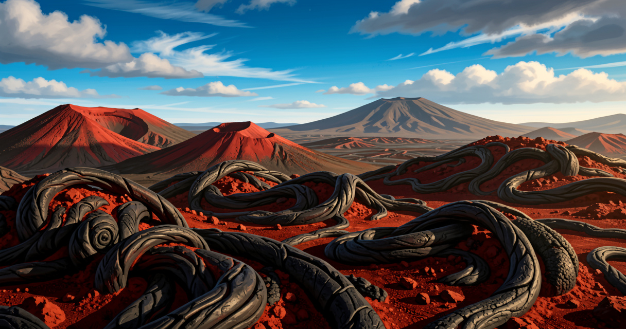 Paysage lunaire du parc national de Timanfaya, cratères rouges et coulées de lave sous ciel bleu