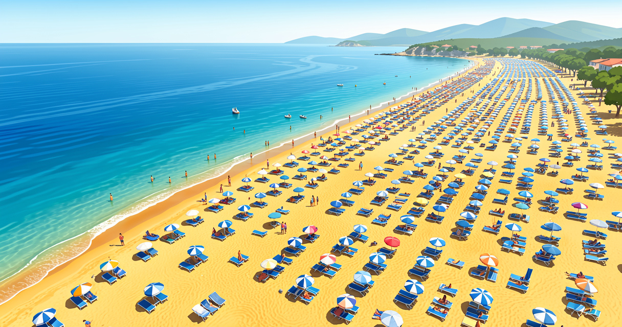 Vue aérienne de la plage de Sunny Beach en Bulgarie avec parasols et eau turquoise en été