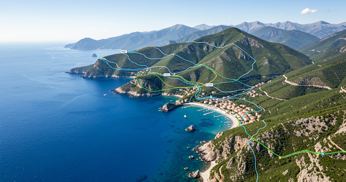 Carte routière de la Corse avec temps de trajet et points d'intérêt touristiques