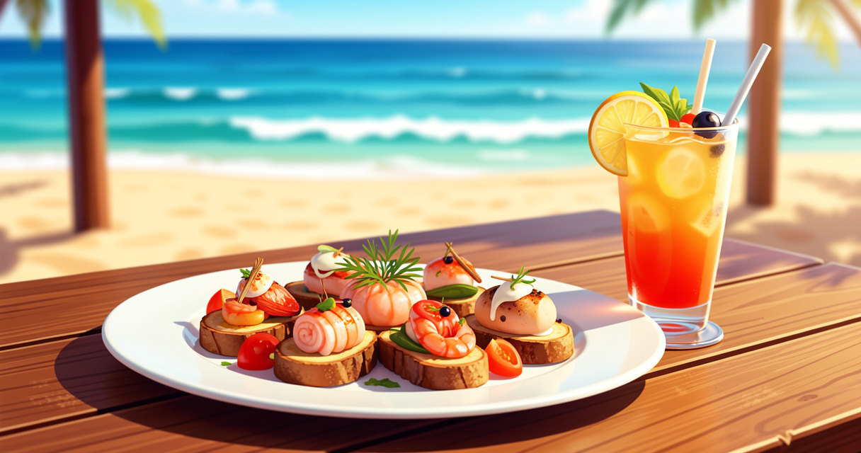 Plateau de tapas et cocktail au bar de plage Les Pieds dans le Sable