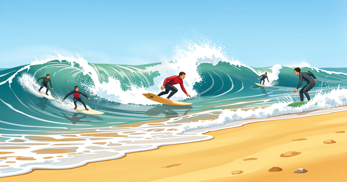 Cours de surf à Mimizan Plage avec vagues et surfeur en action