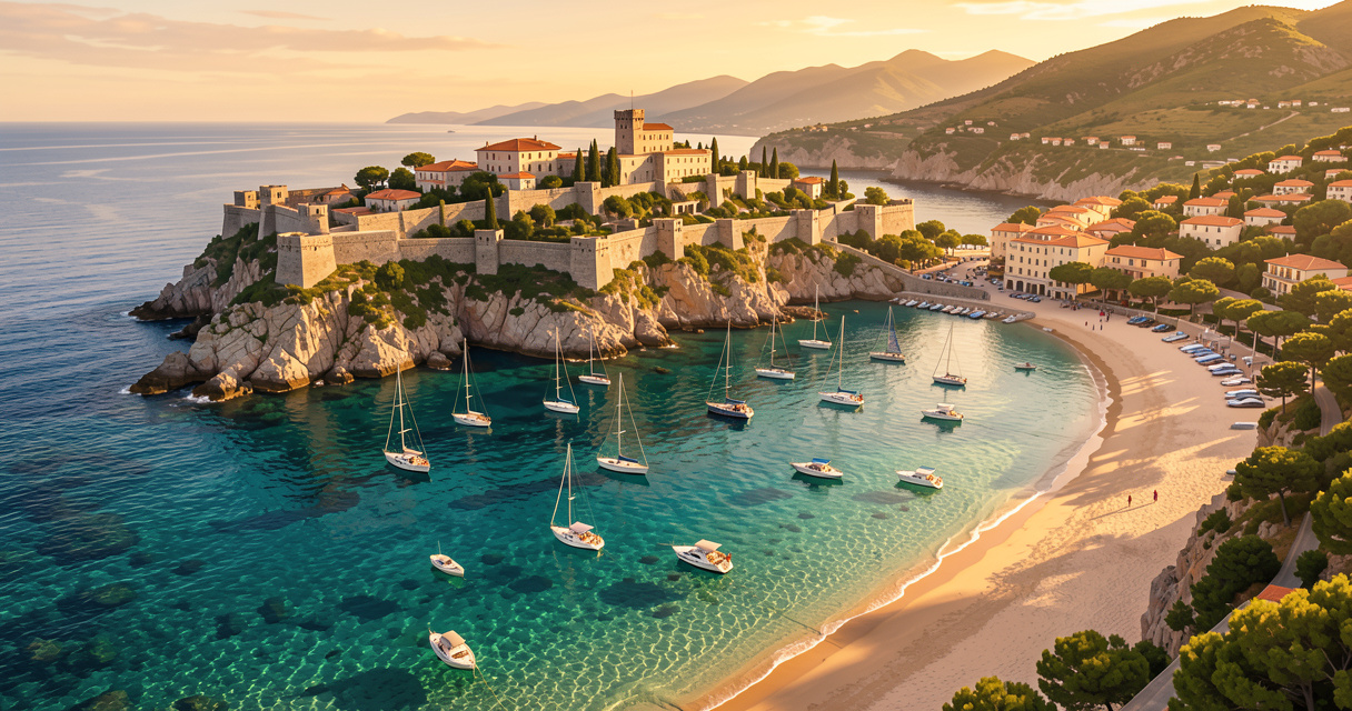 Vue aérienne de la citadelle de Calvi et de sa baie turquoise - destination vacances