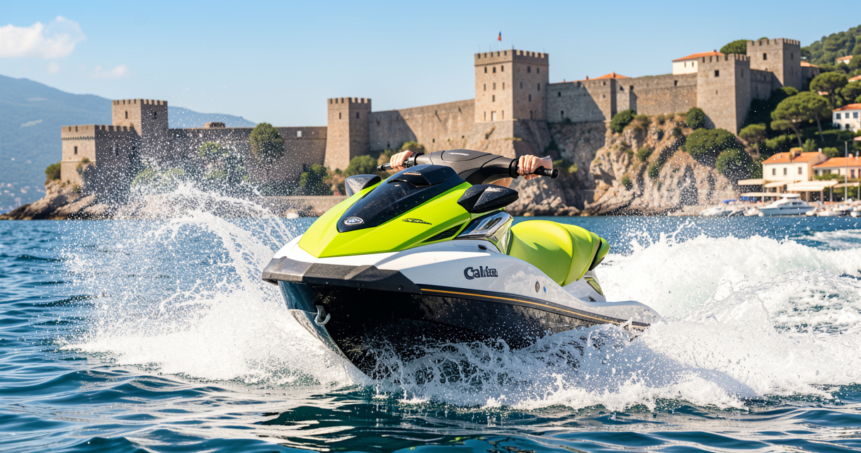 Jet ski dans la baie de Calvi avec la citadelle en arrière-plan - activité nautique incontournable