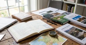 Livre de voyage ouvert avec carte et boussole à côté d'un roman publié par une maison d'édition indépendante