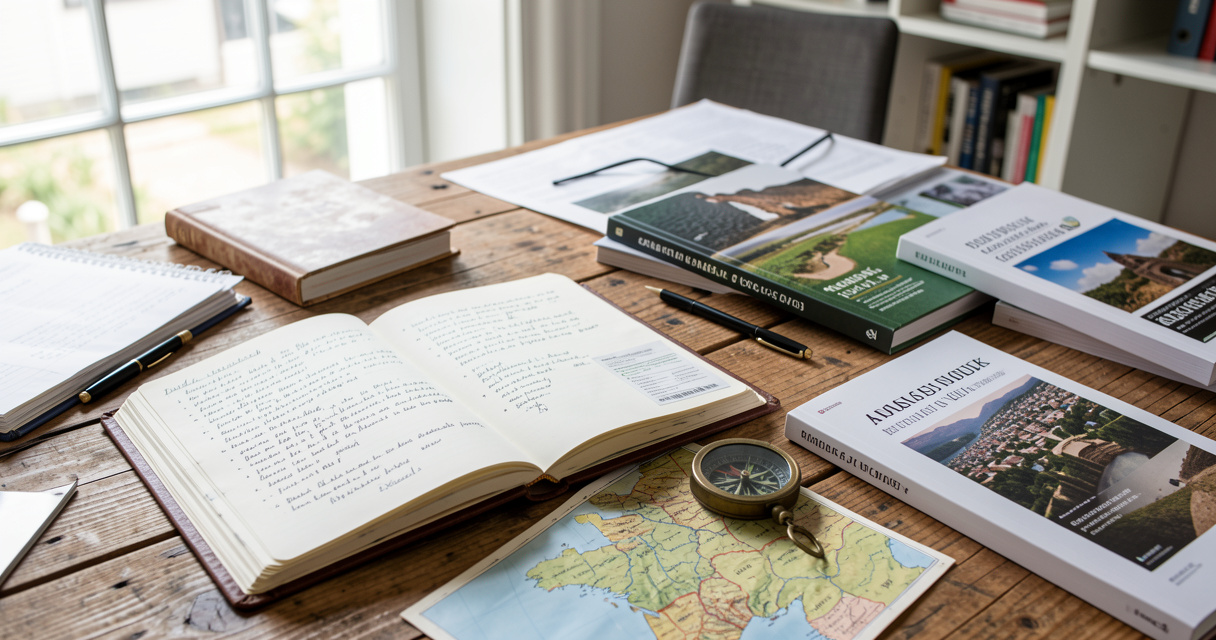 Livre de voyage ouvert avec carte et boussole à côté d'un roman publié par une maison d'édition indépendante