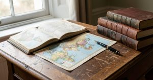 Un carnet de récit de voyage et des livres sur le patrimoine local posés sur une table en bois avec une carte géographique