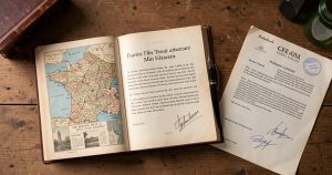 Bureau d'un écrivain avec un manuscrit de récit de voyage et un contrat d'édition ouvert prêt à être analysé