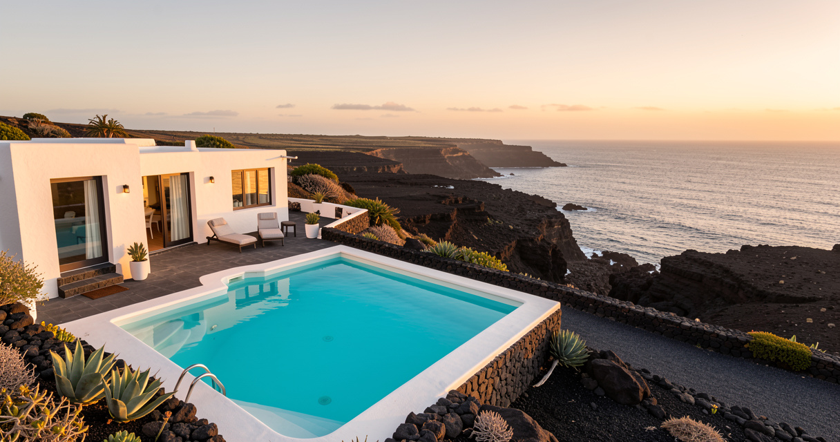 Location de vacances à Lanzarote : villa blanche avec piscine privée et vue volcanique